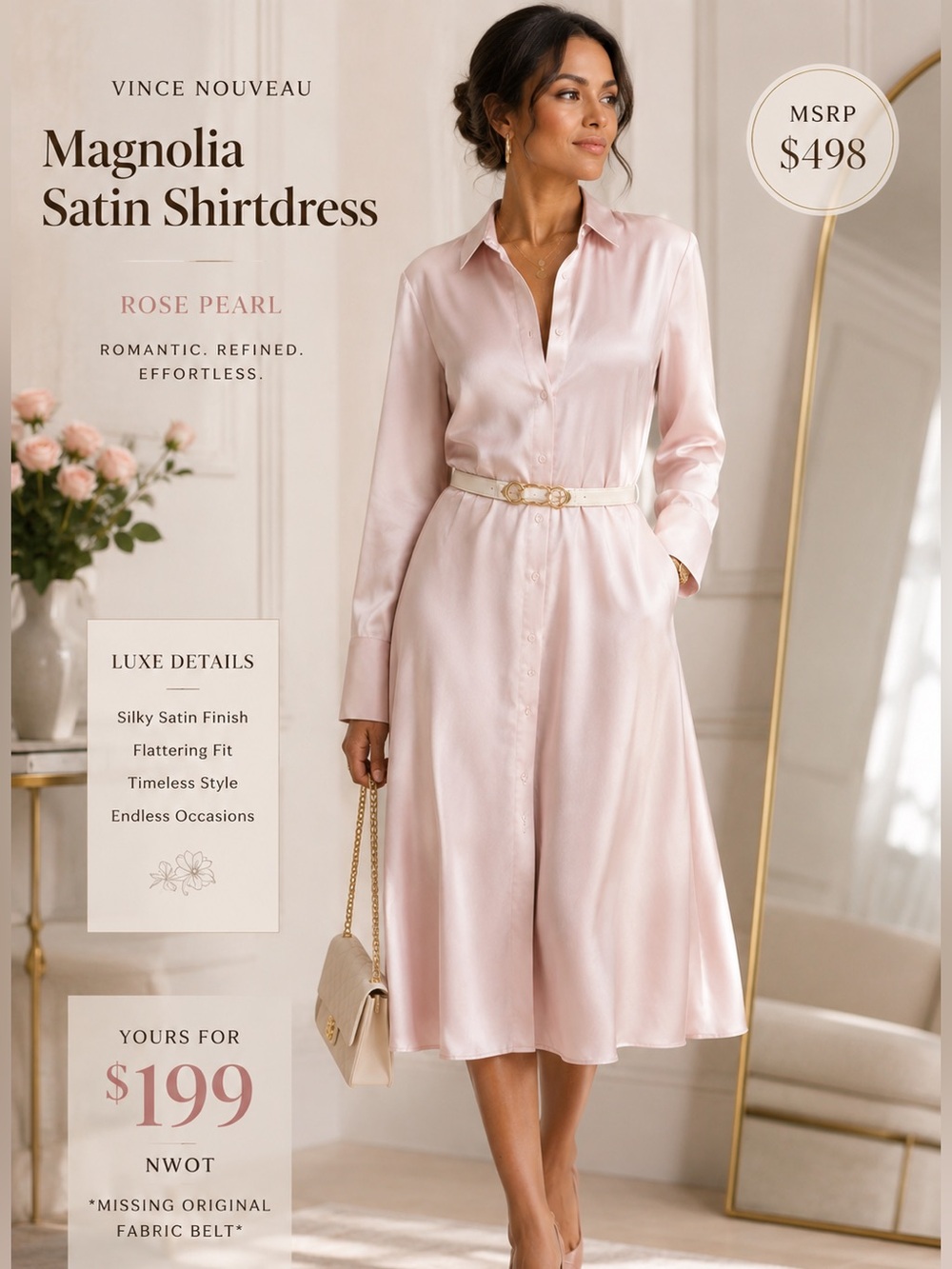 ✨$498 Vince Rose Pearl Satin Shirtdress Minimalist Coquette Romantic NWOT SZ S